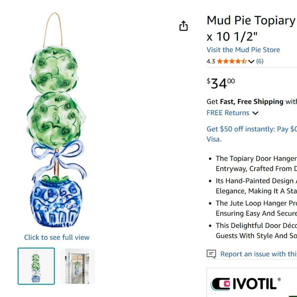 Mud Pie Topiary Door Hanger; 32" x 10 1/2" NEW - Picture 2 of 3